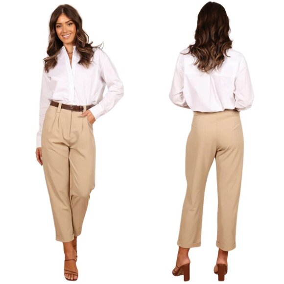 Petal & Pup Lexie Pleated Trouser Dress Pants Women's 8 Tan Cuffed Crop Career - Picture 1 of 14